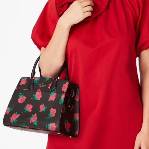 ♠️kate spade Madison Rose Toss Printed Medium Satchel, Black Multi NWT - Picture 2 of 8